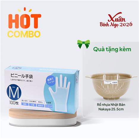 Combo siêu hời mua Bao tay dùng 1 lần 100 cái size M tặng Rổ nhựa Nhật Bản Nakaya 25.5cm