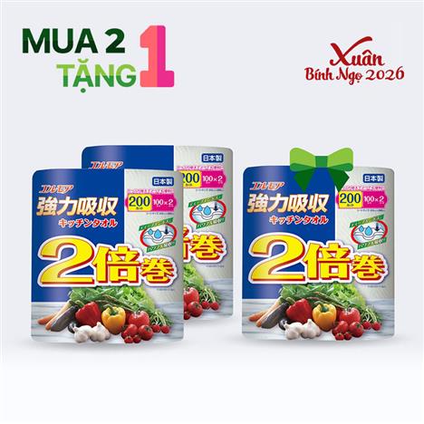 Combo siêu hời mua 2 tặng 1 Khăn giấy bếp Nhật Bản siêu thấm hút đa năng Ellemoi 2 lớp (2 cuộn x 100 tờ)