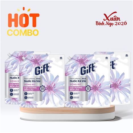 Combo siêu tiết kiệm 1 thùng 4 túi Nước xả vải Gift Mộng Mơ lưu hương bền lâu túi 3,2kg