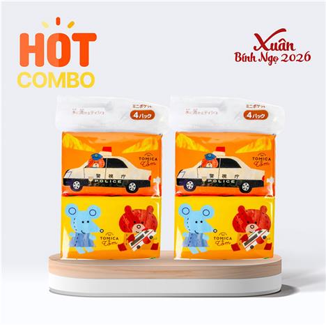 Combo siêu tiết kiệm 2 Khăn giấy bỏ túi 2 lớp Tomica & Tom (8 tờ x 4 gói)