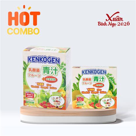 Combo siêu tiết kiệm hộp 24 gói & hộp 10 gói TPBS: Bột mầm lúa mạch non Kenkogen trái cây lợi khuẩn, chất xơ, Omega 3 Canxi D
