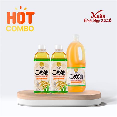 Combo siêu tiết kiệm 1 chai Dầu gạo Nhật Bản Tsuno nguyên chất 1500g (1636ml) và 2 hộp 500g (545ml)