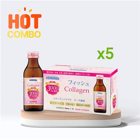 Combo siêu tiết kiệm 1 thùng 5 hộp TPBS: Nước uống Collagen Nhật Bản Kenkogen 100mlx10 chai