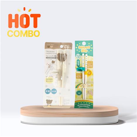 Combo siêu tiết kiệm Đũa tập ăn cho bé kháng khuẩn hình gấu 16cm và Đũa tập ăn cho bé 16.5cm 