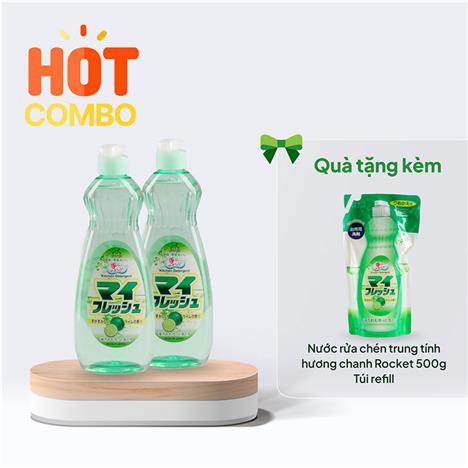 Combo siêu hời mua 2 chai Nước rửa chén trung tính hương chanh Rocket 600g tặng túi refill 500g cùng loại