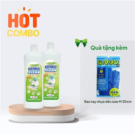 Combo siêu hời mua 2 Nước rửa chén đậm đặc gốc thực vật diệt khuẩn Kenko Clean 800ml tặng 1 Bao tay nhựa dẻo size M 30cm