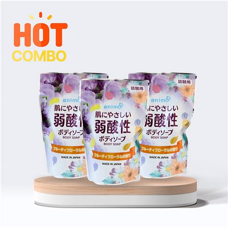 Combo siêu tiết kiệm 3 túi sữa tắm dưỡng ẩm dịu nhẹ hương hoa trái Animo Weak acid Fruity Floral 340ml