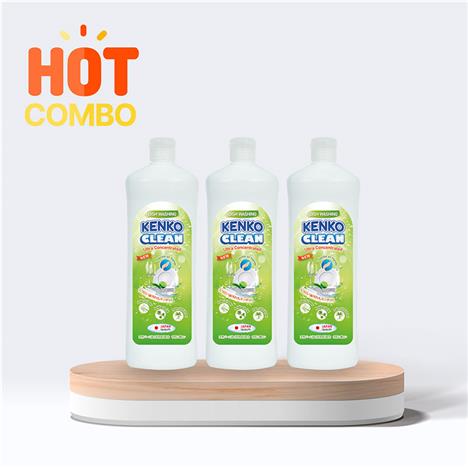 Combo siêu tiết kiệm 3 chai Nước rửa chén đậm đặc gốc thực vật diệt khuẩn Kenko Clean hương chanh & trà xanh 800ml