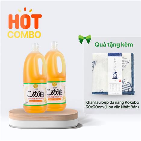 Combo siêu hời mua 2 Dầu gạo lứt quốc sản Nhật Bản nguyên chất Tsuno 1500g (1636ml) tặng Khăn lau bếp đa năng Kokubo 30x30cm (Hoa văn Nhật Bản)